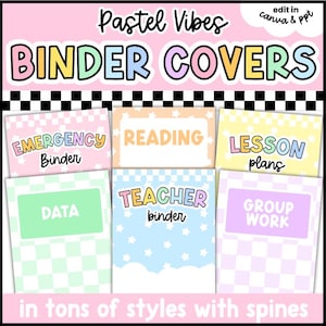 Puede incluir: Un conjunto de seis portadas digitales para carpetas con patrones de cuadros y estrellas en tonos pastel. El texto incluye Pastel Vibes BINDER COVERS, edit in canva & ppt, EMERGENCY Binder, READING, LESSON plans, DATA, TEACHER binder, GROUP WORK y in tons of styles with spines.
