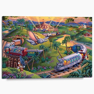 May include: A colorful jigsaw puzzle illustration featuring Dumbo the elephant flying over a circus landscape with trains, palm trees, and a large tent. The scene includes a train car labeled Dumbo Private, a mouse in a red uniform, and a sunset sky.