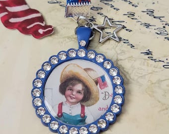 Vintage Americana Patriotic Ribbon Bookmark Blue Rhinestone