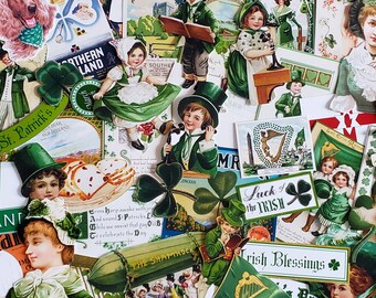May include: A collection of vintage-style paper ephemera featuring St. Patrick's Day themes, including illustrations of people in green attire, shamrocks, harps, and text such as Happy St. Patrick's, Luck of the Irish, and Irish Blessings.