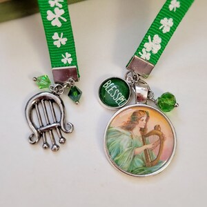 Victorian St Patricks Ribbon Bookmarker Irish Bookmark Celtic Harpist Bookmark St Patricks Day Gift Irish Lass Harpist Bookmark Harpist Gift