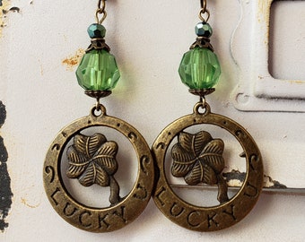 St. Patricks Day Earrings Shamrock Four Leaf Clover Lucky Green Dangle Earrings St Patricks Jewelry Four Leaf Clover Jewelry Celtic Jewelry