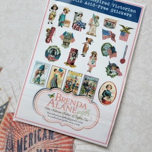 May include: A pack of 20+ vintage-inspired Victorian patriotic acid-free stickers. The stickers feature illustrations of children, flags, and patriotic imagery. The pack is labelled "Brenda Alane Gifts."