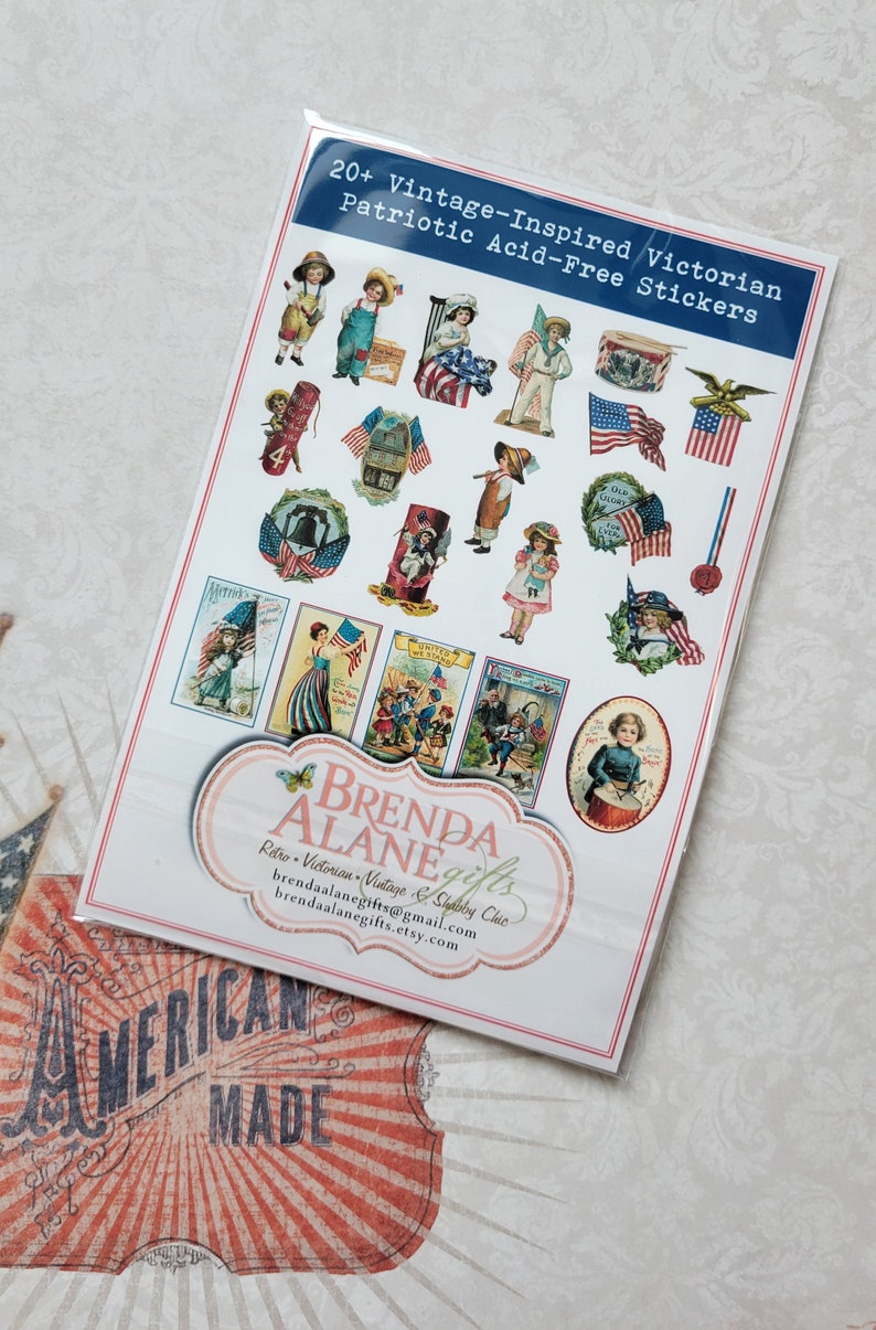 May include: A pack of 20+ vintage-inspired Victorian patriotic acid-free stickers. The stickers feature illustrations of children, flags, and patriotic imagery. The pack is labelled "Brenda Alane Gifts."