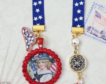 Vintage Americana Patriotic Ribbon Bookmark Red Rhinestone Cowgirl Bookmark