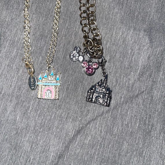 Two Disney Castle Necklaces With Crystals & Two Tone Enamel With Silver Tone And glitter
