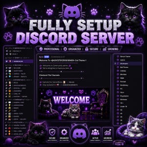 May include: A digital graphic display of a Discord server interface featuring a purple and black color scheme with cat-themed illustrations. The text reads FULLY SETUP DISCORD SERVER, WELCOME, and various channel names including VERIFICATION and RULES.