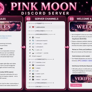 May include: A digital graphic for the Pink Moon Discord server featuring three panels labelled Rules, Server Channels, and Welcome & Verification. The design uses a dark theme with pink cherry blossom accents, a full moon, and a crescent moon.