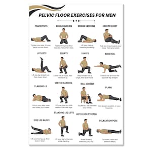 May include: A white instructional poster titled PELVIC FLOOR EXERCISES FOR MEN featuring fourteen black and white illustrations of a person performing various physical movements with descriptive text instructions for each specific exercise.