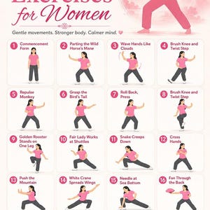Könnte beinhalten: Ein rosa-weißes Lehrplakat mit dem Titel Tai Chi Exercises for Women, das sechzehn nummerierte Illustrationen einer Person bei verschiedenen Bewegungsabläufen sowie einen Abschnitt über die Vorteile von Tai Chi zeigt.