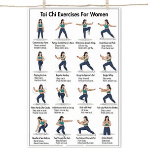 以下が含まれることがあります： Tai Chi Exercises For Womenというタイトルの白い説明ポスター。ティールカラーのスポーツブラとダークレギンスを着用した人物が様々な動きを行っている16のイラストと、それぞれのポーズの説明テキストが記載されています。