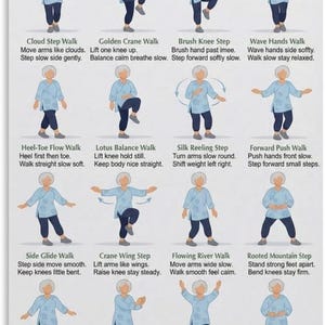 Può includere: Un poster intitolato "Tai Chi Walking Workout for Senior Women" mostra i passaggi illustrati per vari esercizi di Tai Chi. Ogni passaggio è dimostrato con una figura in abito blu, con testo descrittivo sotto ogni posa. Gli esercizi includono Cloud Step Walk e Golden Crane Walk.