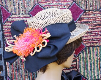 Straw Hat with Black Scarf and Raffia Trim