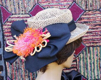 Straw Hat with Black Scarf and Raffia Trim