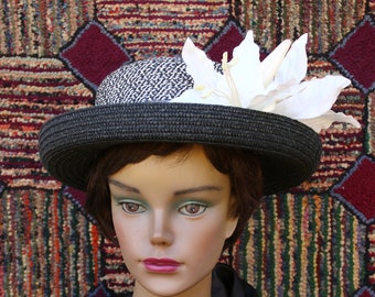 Vintage Navy and White Hat with Lily Trim