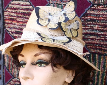 Vintage Straw Fedora with Yellow Butterflies