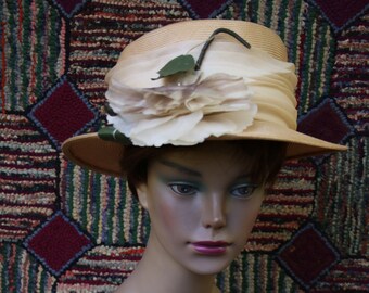 Vintage Straw Hat with Flower Trim