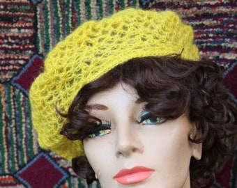 Vintage Mustard Yellow Hand Crochet Beret Hat