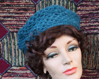 Vintage Teal Blue Hand Crochet Beret Hat