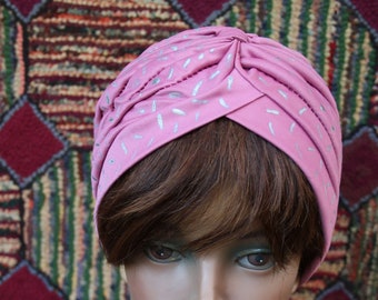 Handpainted Vintage Mauve Pink Turban with Silver "Confetti"