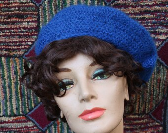 Vintage Hand Crochet Blue Beret Hat