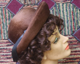 Vintage Brown Fur Felt Boater Hat