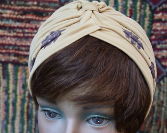 Vintage Tan Turban with Handpainted Brown Oak Leaves