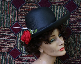 Vintage Black Straw Hat with Longstem Red Ribbon Rose