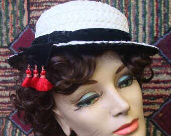 Vintage Black and White Plastic Straw Boater Hat with Red Tassels