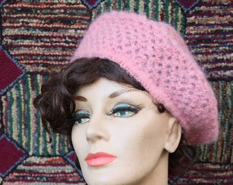 Vintage Handmade Pink Open Weave Beret Hat