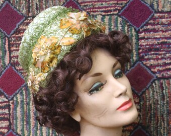 Vintage Green Straw Turban with Yellow Flowers