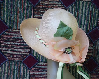 Vintage Peach Straw Hat with Poppy Trim