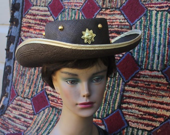 Vintage Brown Straw Hat with Stud Embellishments