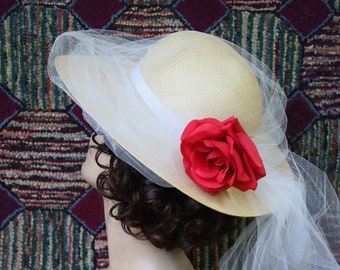 Vintage Straw Hat With Tulle Overlay and Rose