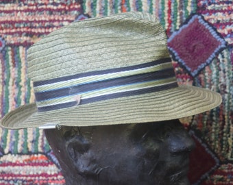 Vintage Men's Green Straw Trilby Hat with Coin Trim