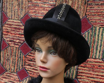 Vintage Black Felt Derby with Rhinestone Trim