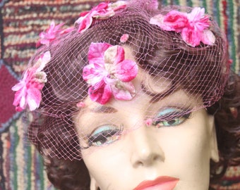 Vintage Pink Veil Fascinator with Millinery Flowers