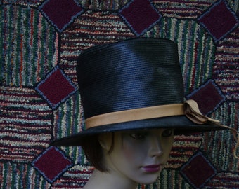 Vintage Black Straw Structured Bucket Hat