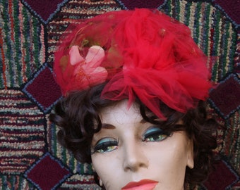 Vintage Red Millinery Flower and Tulle Hat