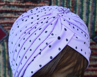 Vintage Handpainted Purple Turban with Polka Dots