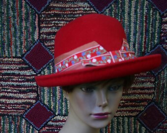 Vintage Red Felt Hat with Woven Floral Ribbon Trim