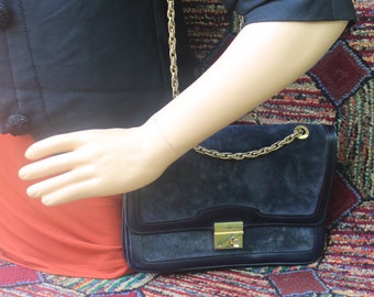 Vintage Blue Suede and Leather Handbag with Chain Handle