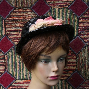 Vintage Black Raffia Straw Hat with Pink Floral Trim