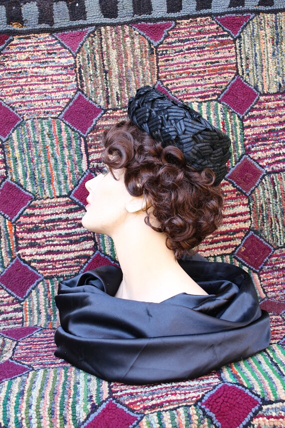 Vintage Black Woven Pillbox Hat - image 7