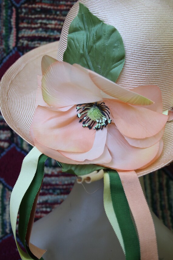 Vintage Peach Straw Hat with Poppy Trim - image 6