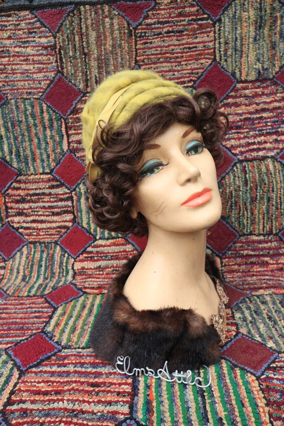 Vintage Wool Green Stripe Turban Hat - image 3