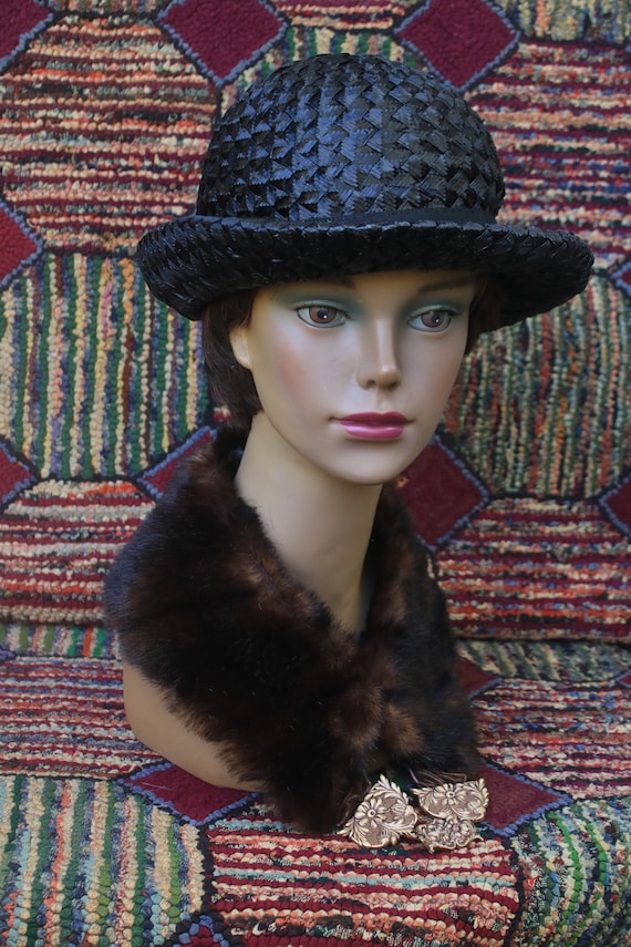 Vintage Black Geometric Weave Straw Bowler Hat