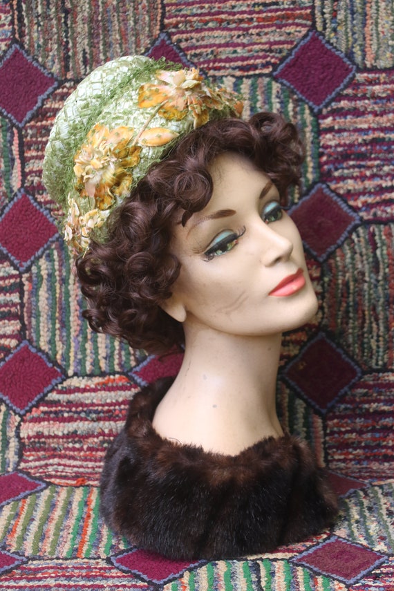 Vintage Green Straw Turban with Yellow Flowers