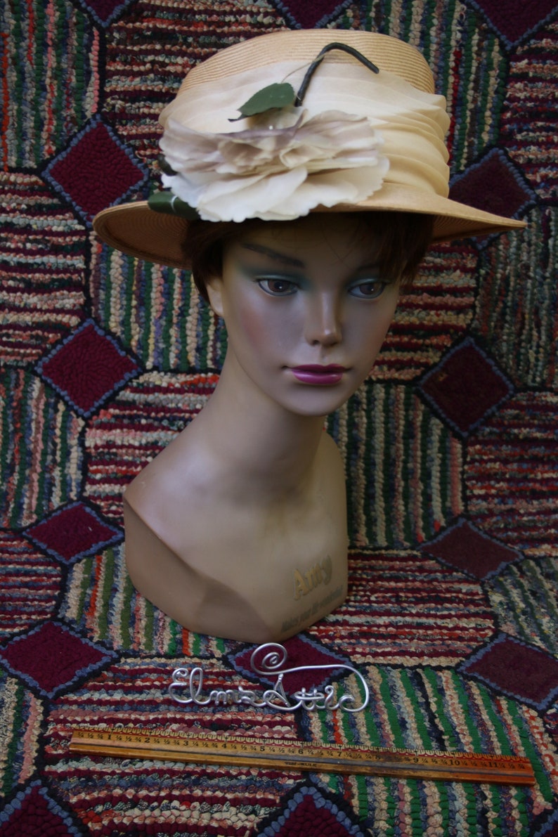 Vintage Straw Hat with Flower Trim image 1