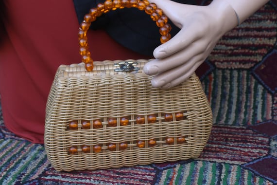 Vintage Wicker Thornton Bag with Lucite Bead Handl